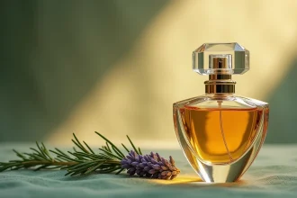 Flacon élégant de parfum concentré avec une teinte dorée scintillante