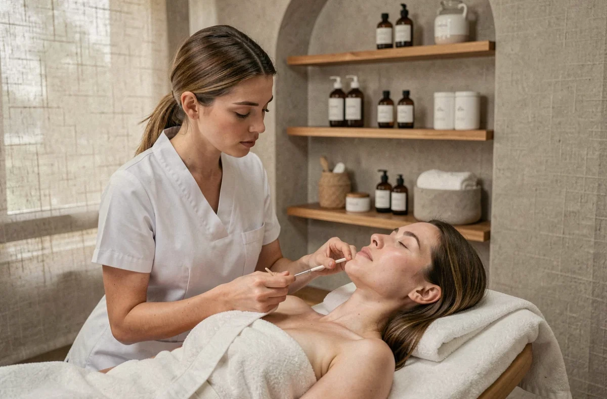 Esthéticienne réalisant un soin du visage à l'institut À Corps des Sens à Annecy