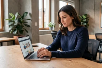 Adhérente consultant le nouveau design du site amandinoise.org sur un ordinateur portable dans un espace de travail moderne