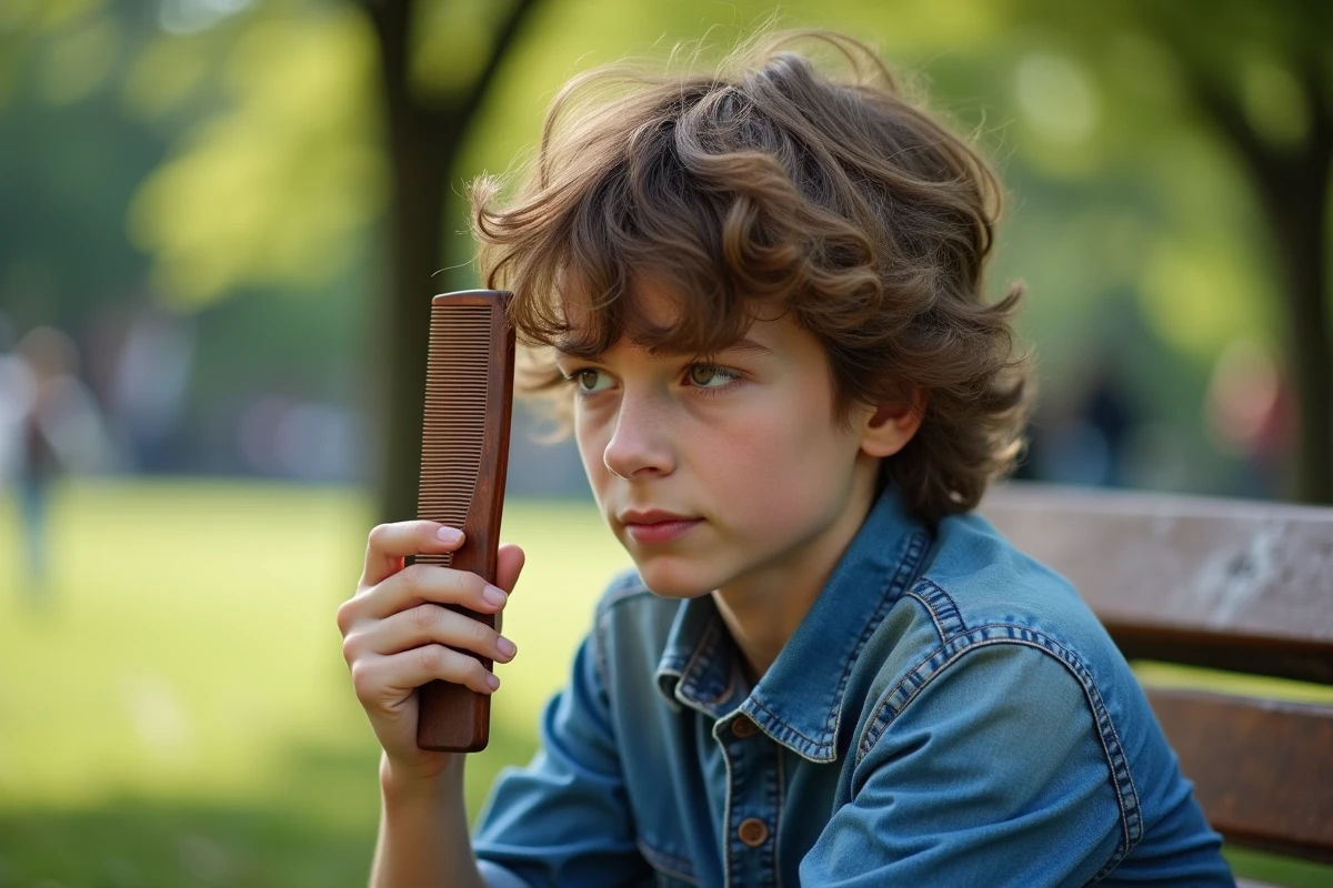 Adolescent coiffant ses cheveux dans un parc en plein air