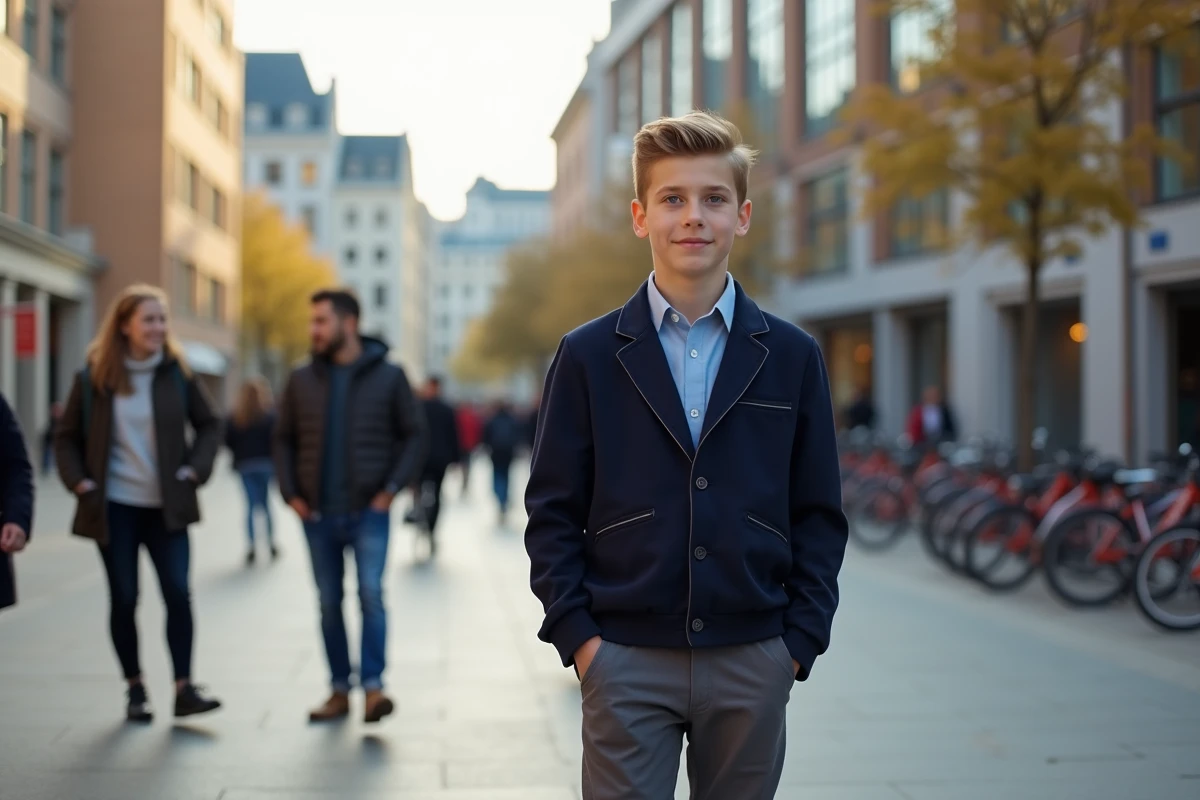 Adolescent en blazer discutant dans une place urbaine ensoleillee