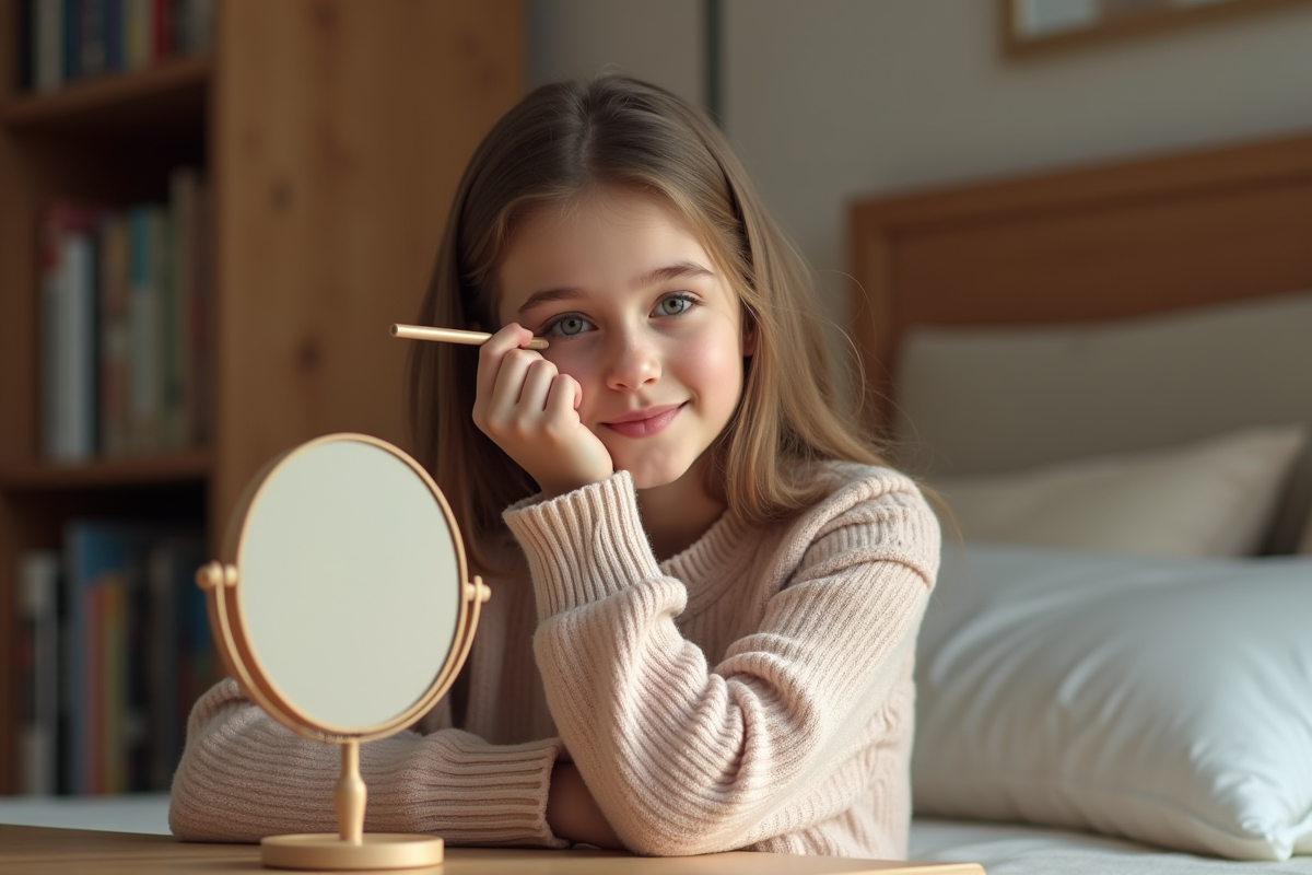 Adolescente se maquillant les yeux dans sa chambre chaleureuse