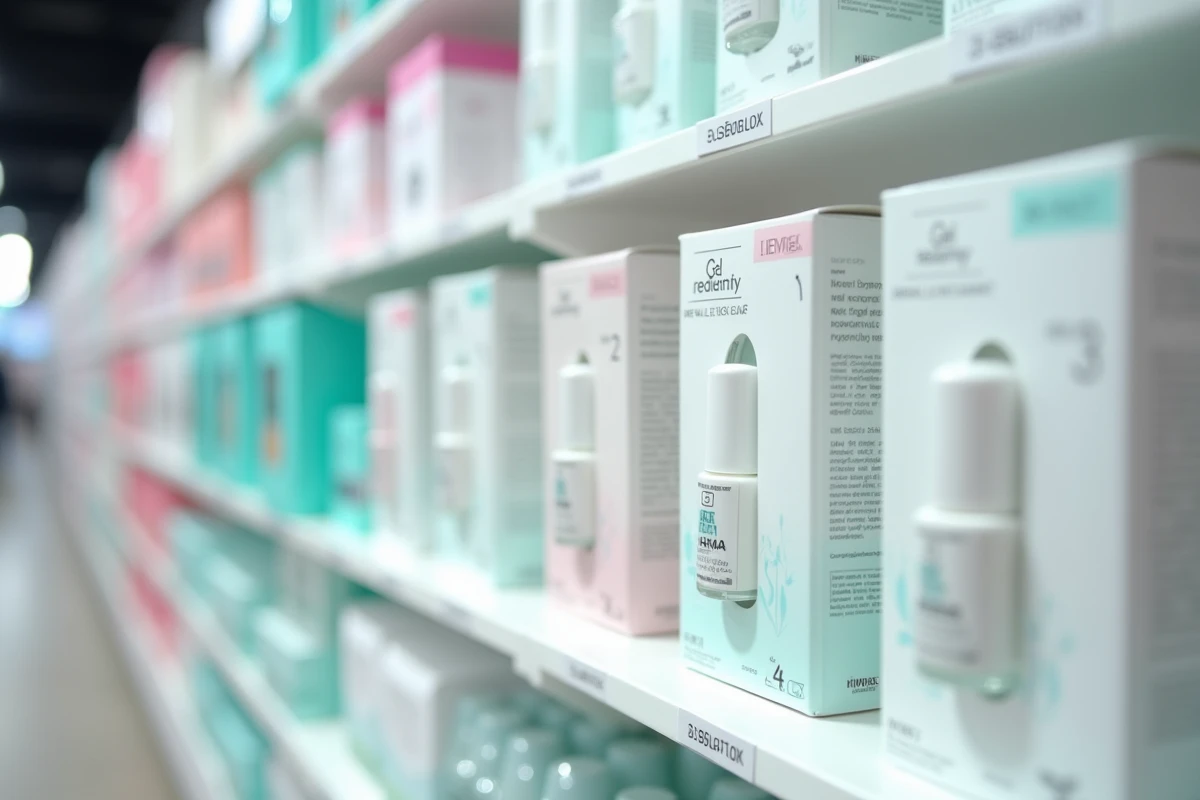 Rayon de produits pour ongles hypoallergéniques et alternatives sans HEMA dans un magasin de cosmétiques professionnels