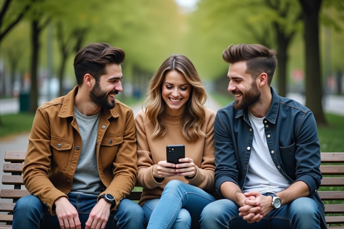 Trois amis discutant et montrant des coiffures dans un parc