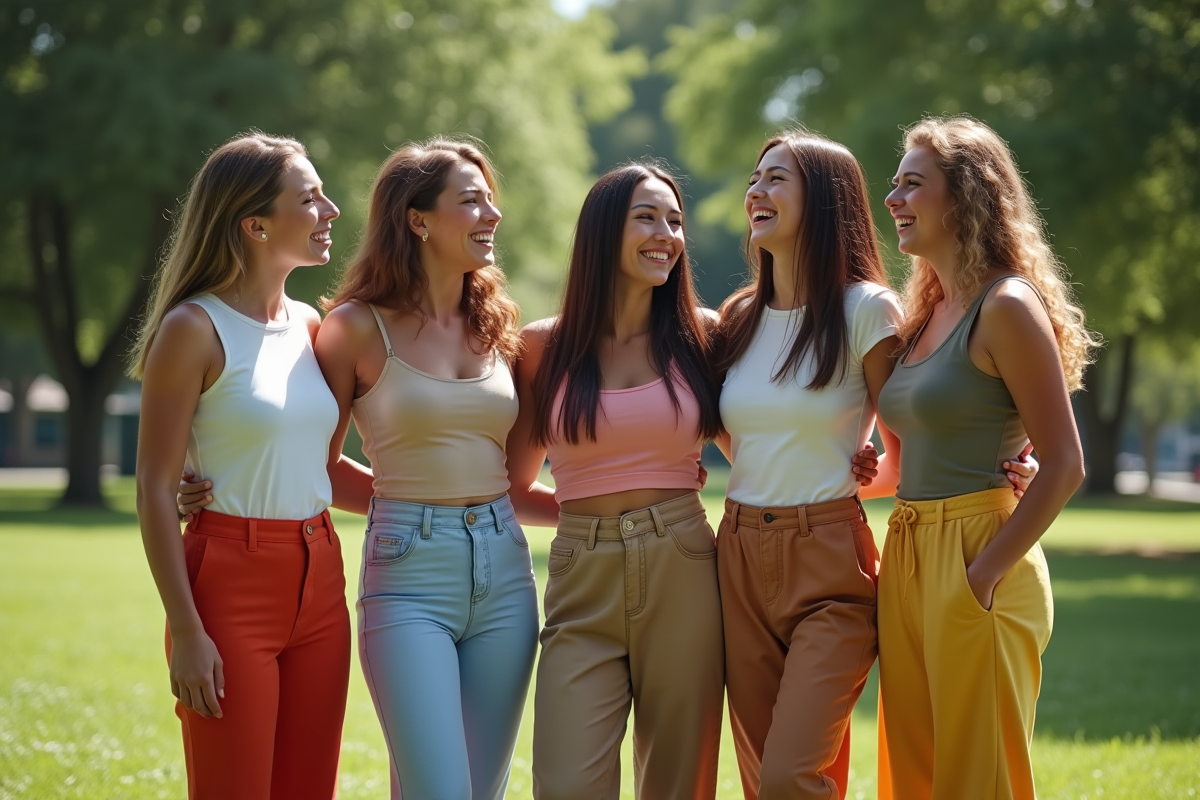 Groupe d amis riant dans un parc avec pantalons larges