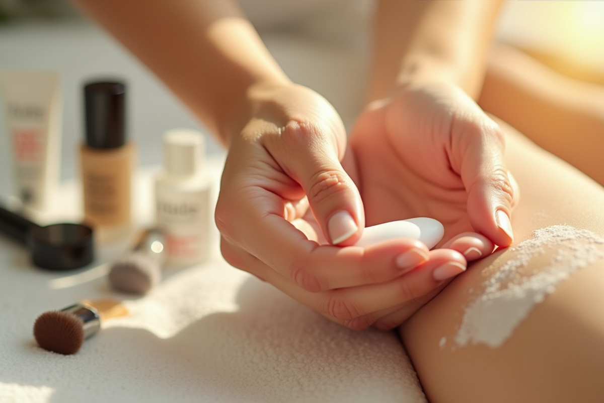 Mains appliquant une creme sur la peau avec produits autour