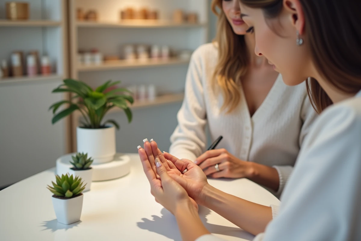 Application de gel nude sur ongles courts carrés dans un salon de manucure moderne, tendance 2026