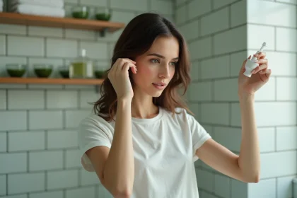 Femme appliquant du henné sur ses cheveux dans une salle de bain moderne avec des bols de poudre de henné naturel