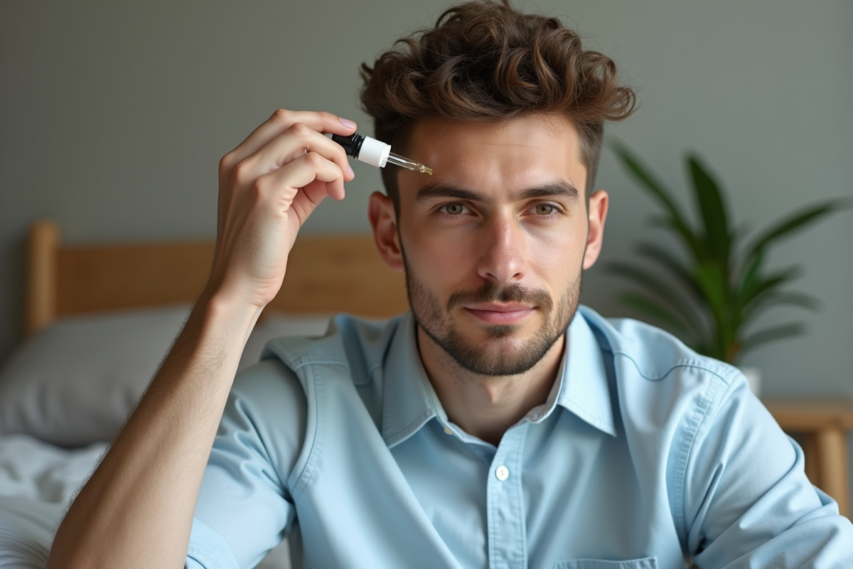 Jeune homme appliquant un serum capillaire dans sa chambre