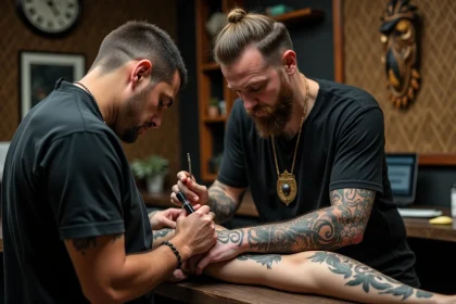 Artiste Maori tatouage travaillant dans un studio moderne