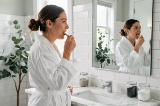 Femme se brossant les dents avec une brosse en bambou dans une salle de bain moderne et épurée pour des dents plus blanches