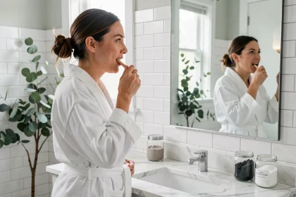 Femme se brossant les dents avec une brosse en bambou dans une salle de bain moderne et épurée pour des dents plus blanches
