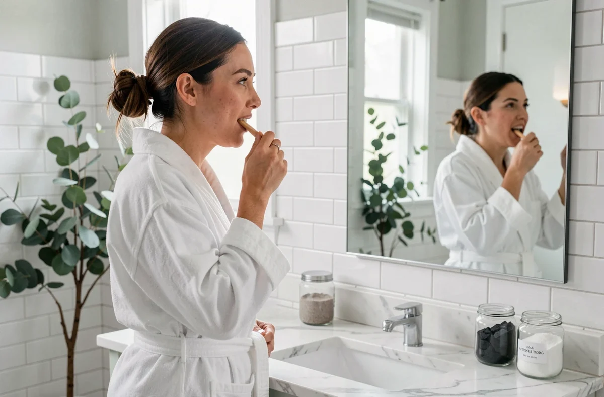 Femme se brossant les dents avec une brosse en bambou dans une salle de bain moderne et épurée pour des dents plus blanches