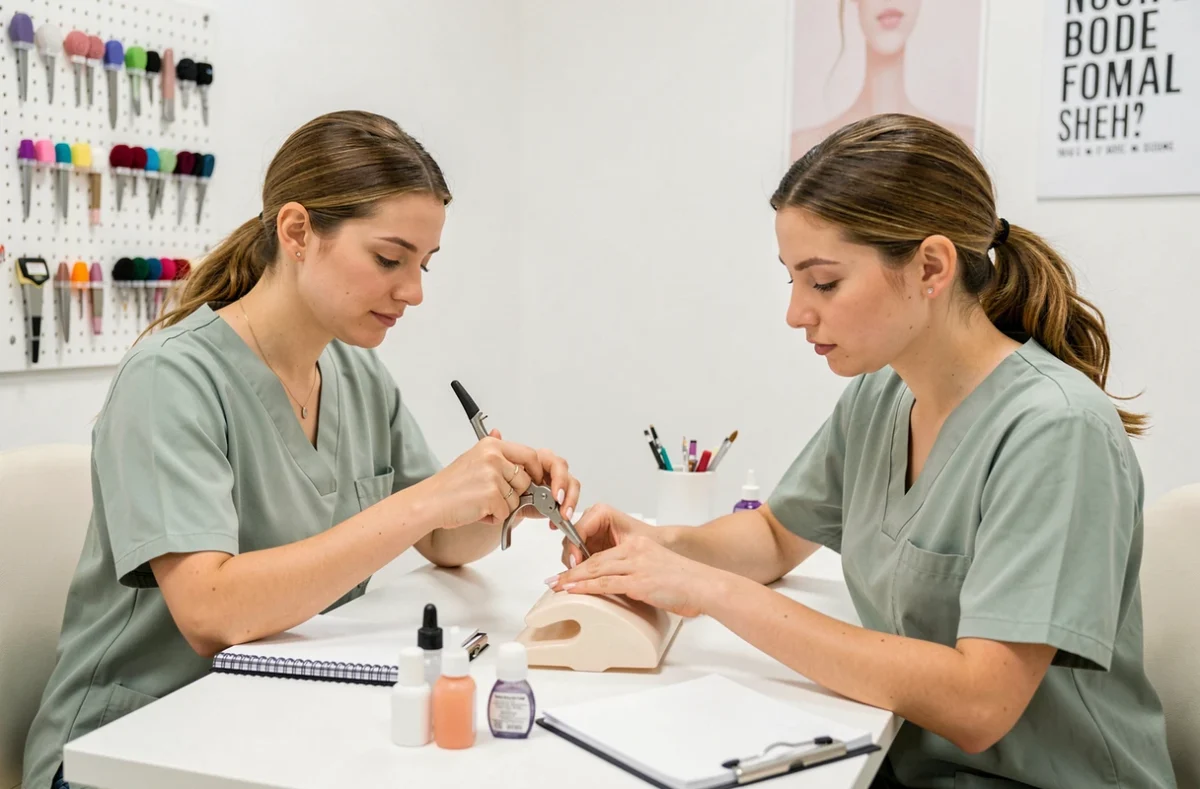 Deux prothésistes ongulaires en formation pratique de pinçage travaillant ensemble sur une sculpture acrylique lors d'un atelier professionnel