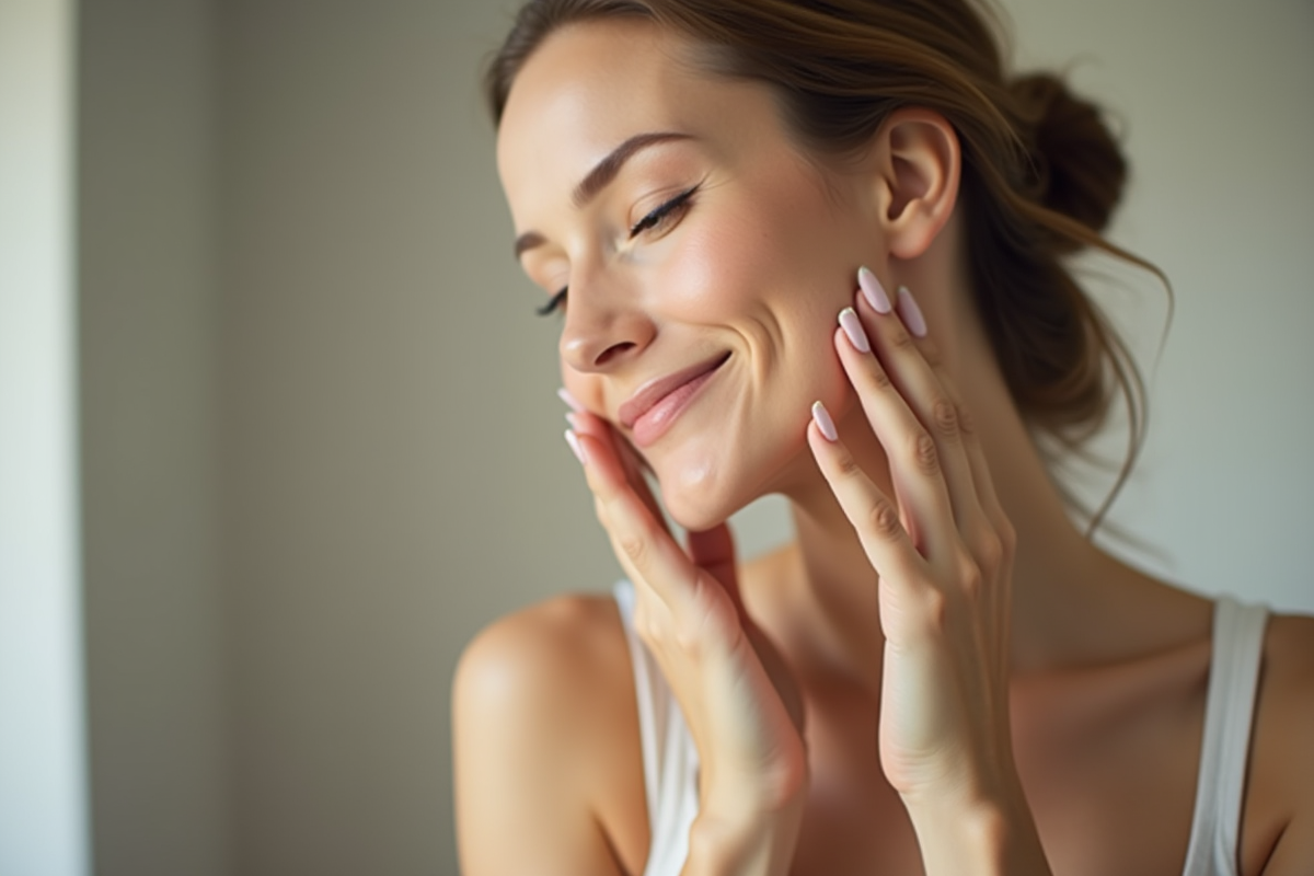 Femme se massant le visage devant miroir naturel
