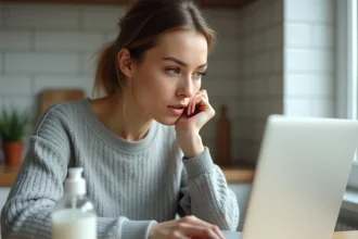 Femme lisant des avis clients sur un produit de soin Eau Précieuse sur son ordinateur portable dans une cuisine moderne