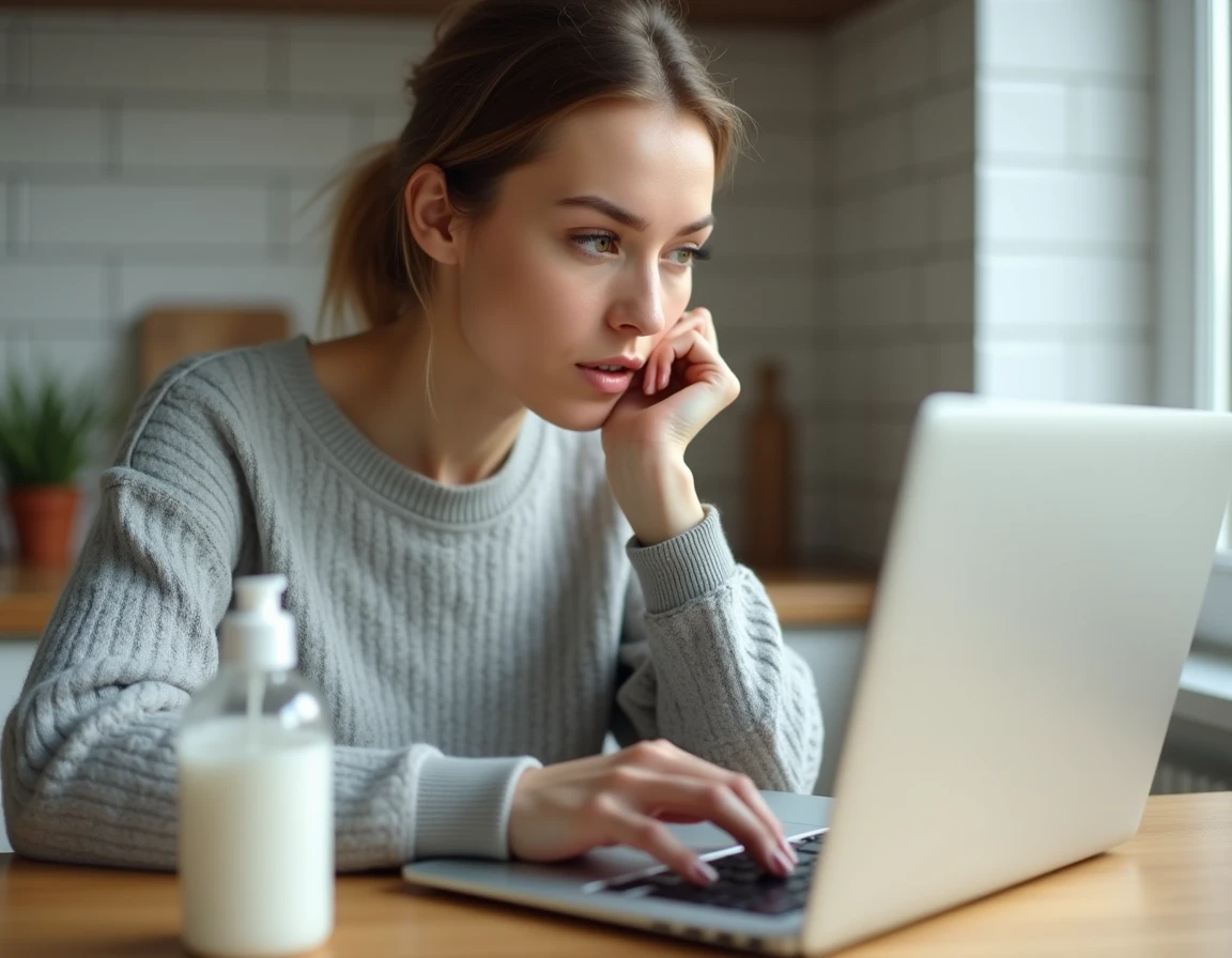 Femme lisant des avis clients sur un produit de soin Eau Précieuse sur son ordinateur portable dans une cuisine moderne