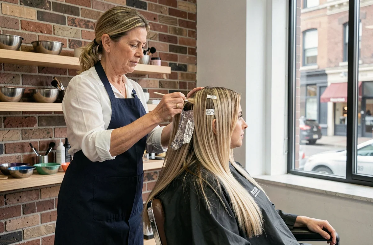 Coiffeuse professionnelle appliquant un balayage sur les cheveux longs d'une cliente en salon