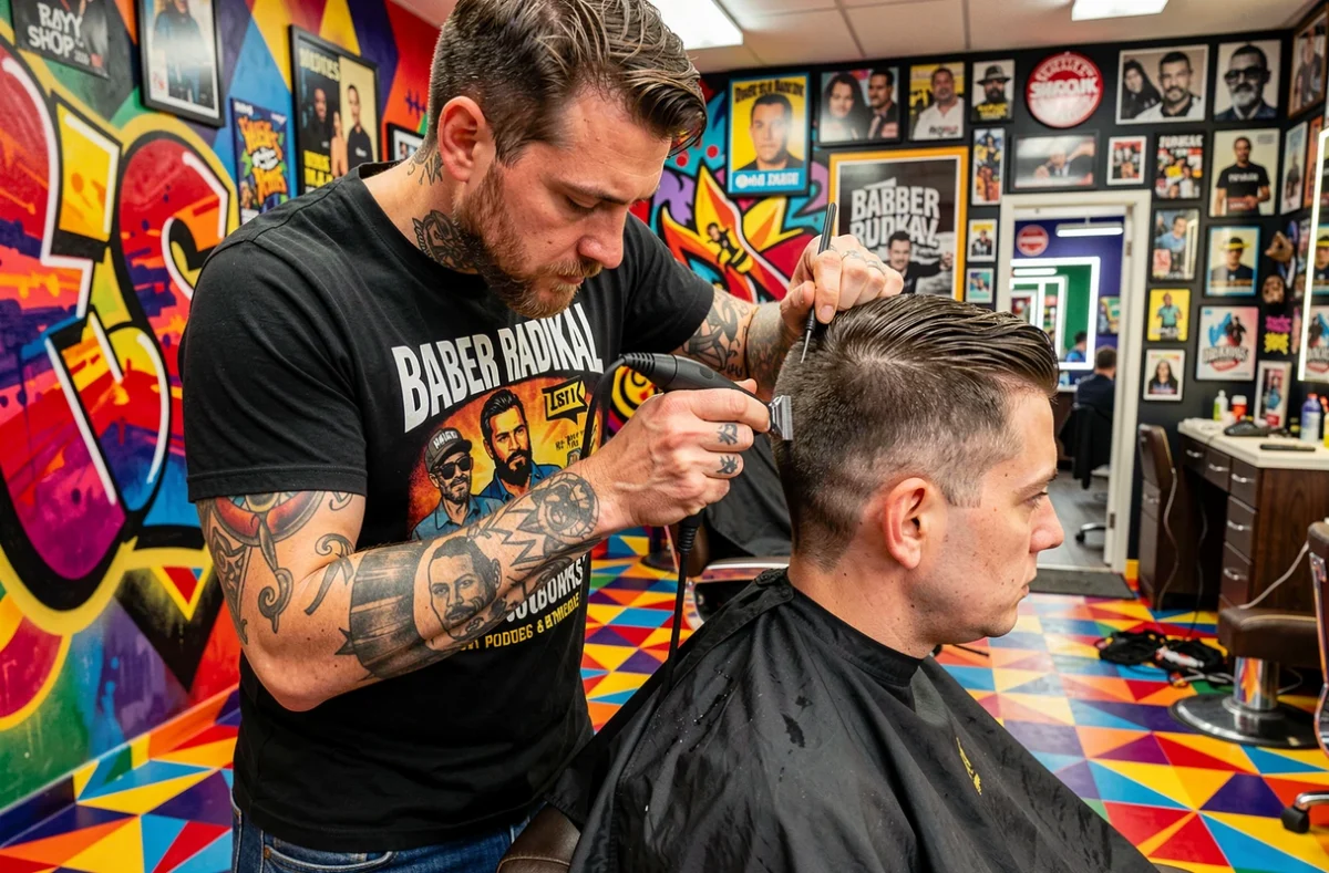 Barbier tattoué réalisant un design géométrique précis chez Barber Radikal à Poitiers