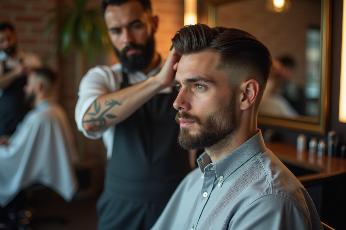 Homme professionnel en barbershop avec coiffeur et miroir
