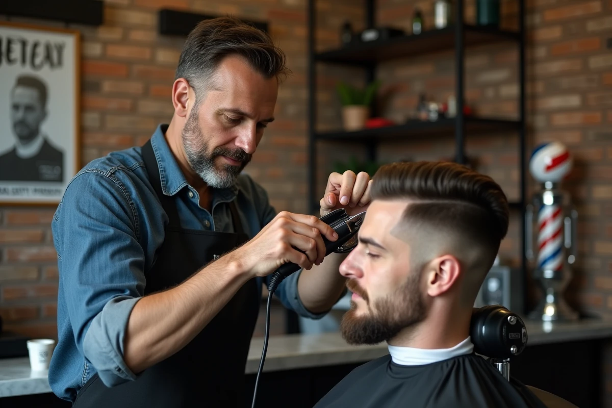 Barbier professionnel corrigeant un dégradé blanc raté sur un client dans un salon de coiffure urbain