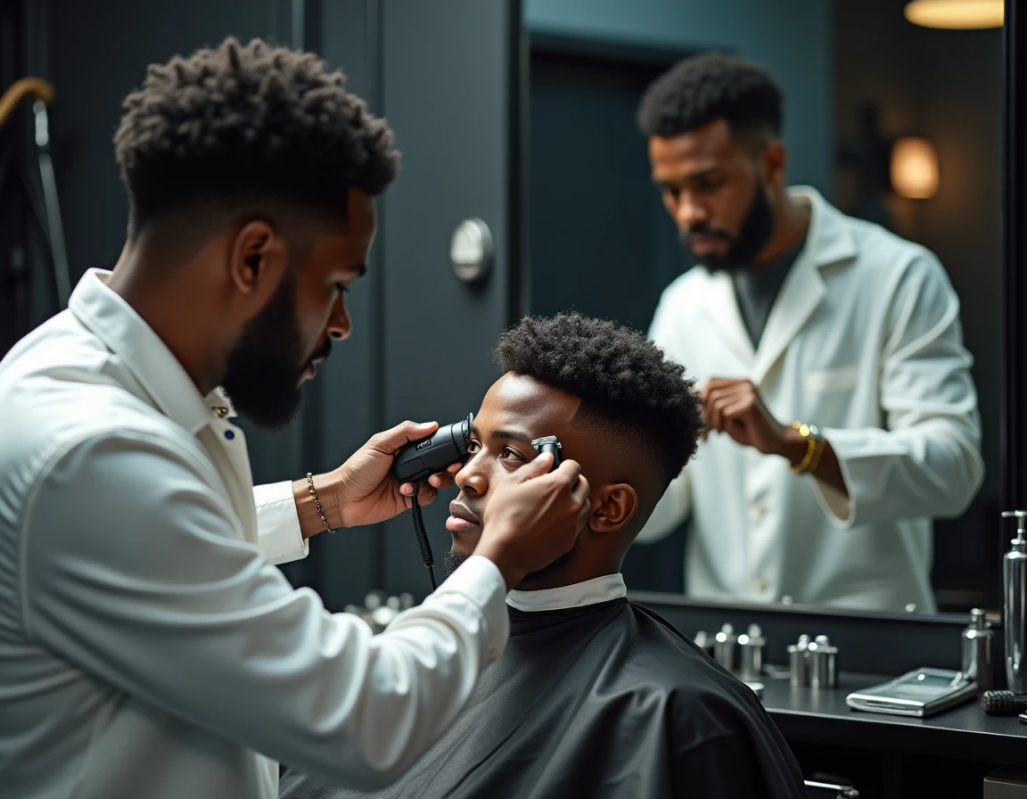 Barbier professionnel en train de réaliser un dégradé taper net sur cheveux afro d'un client