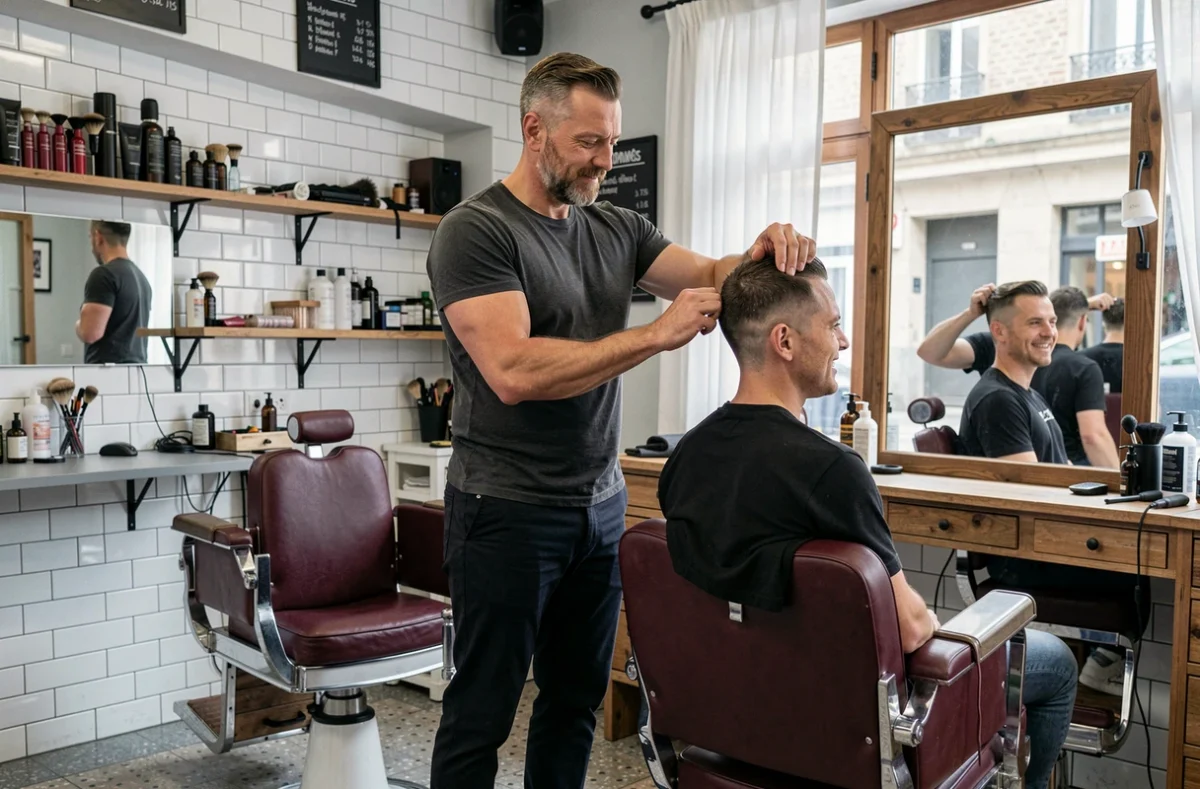 Barbier vendéen réalisant une coupe de cheveux homme dans un salon de coiffure au style vintage et contemporain