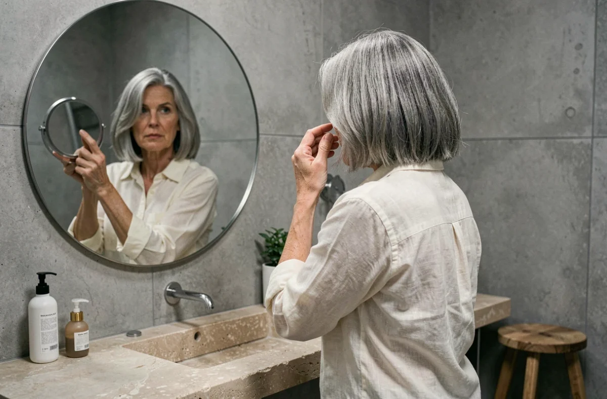 Femme de 50 ans observant sa coupe blended grey en miroir dans une salle de bain au style scandinave épuré, cheveux courts naturellement argentés