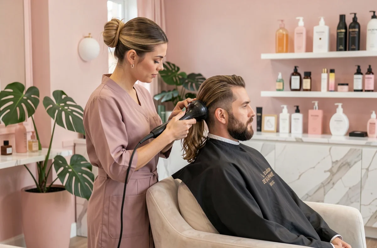 Coiffeuse prenant soin d'un client barbu dans le salon Le Boudoir de Sophie à Bordeaux