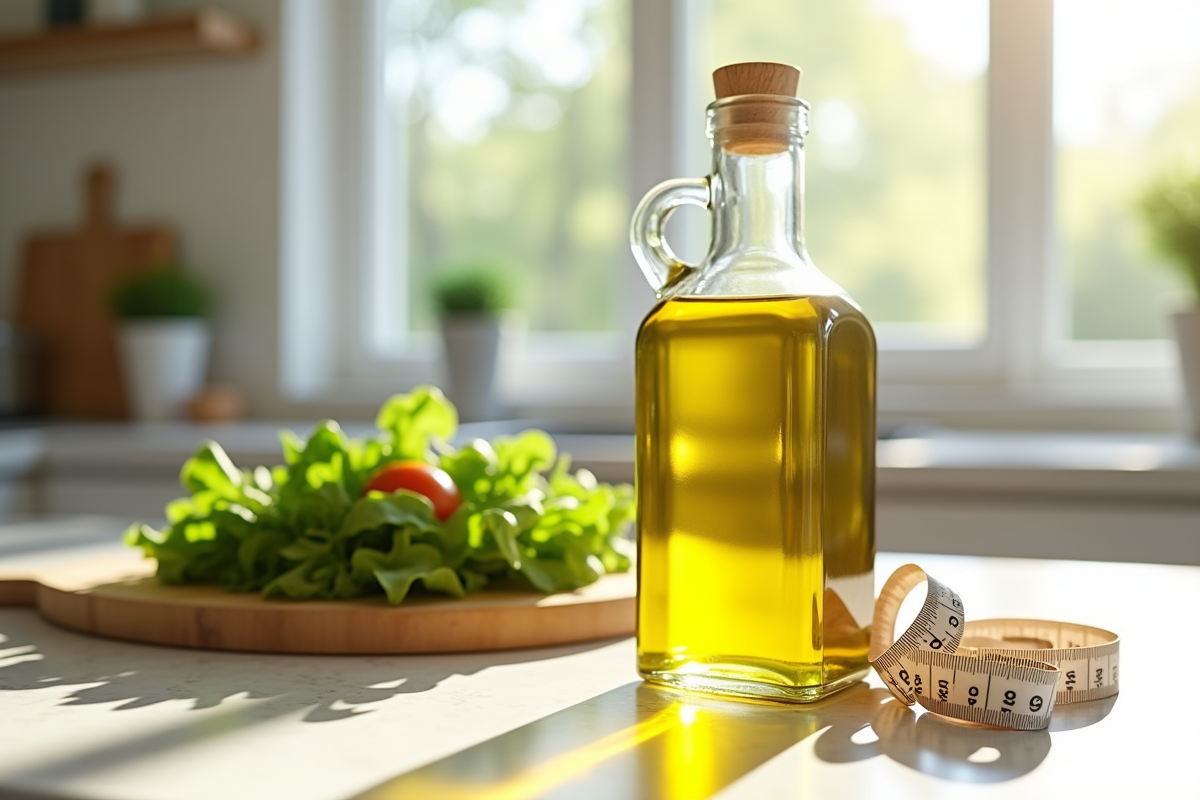 Bouteille d huile d olive sur plan de travail lumineux