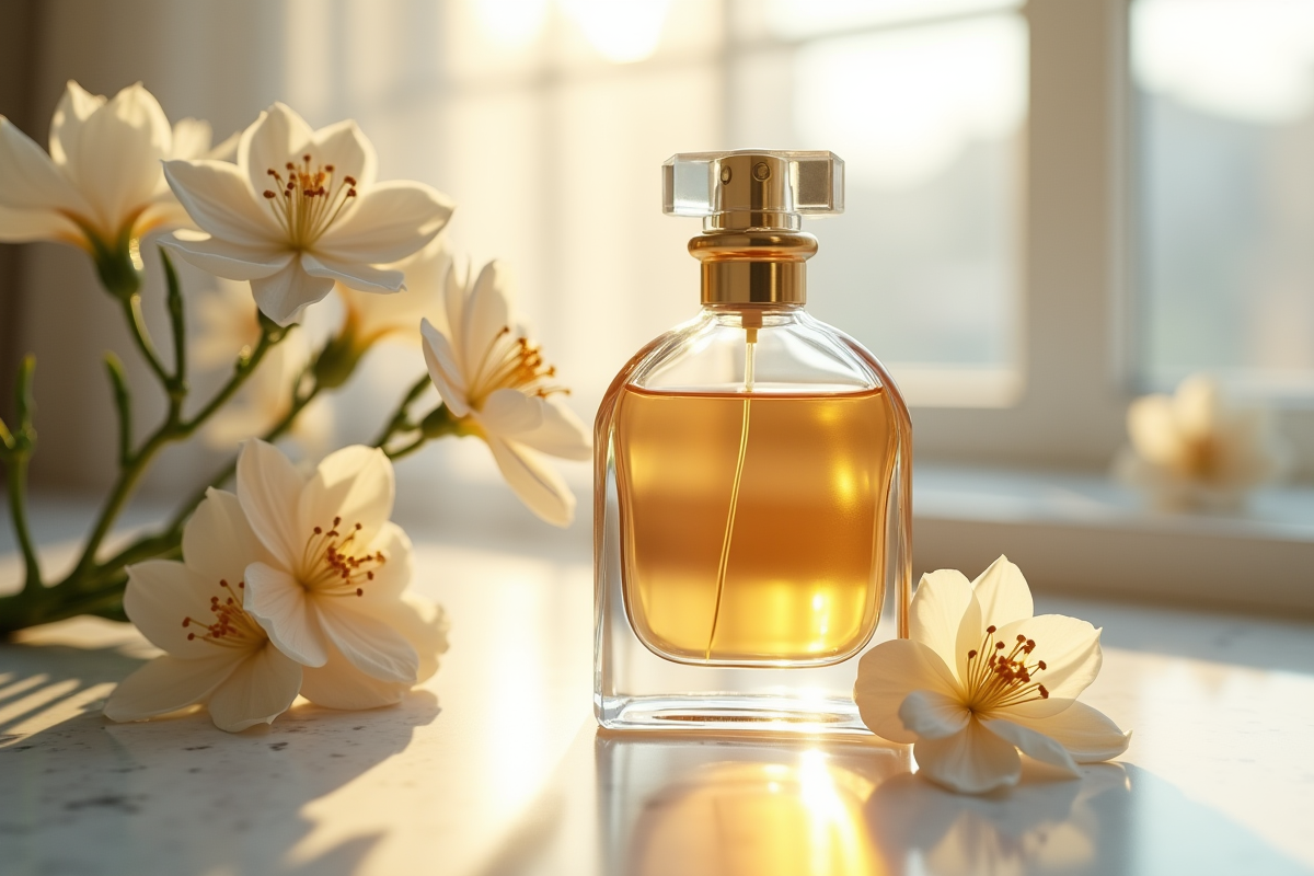 Bouteille de parfum élégante avec liquide doré sur marbre