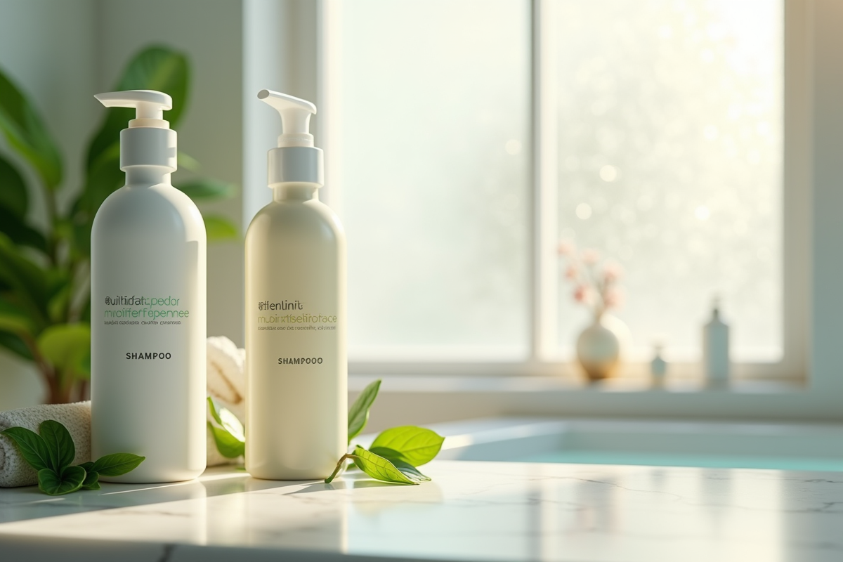 Deux bouteilles de shampooing sans sulfate et sans paraben sur un comptoir en marbre blanc