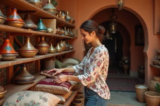 Propriétaire d'une boutique orientale arrangeant des produits artisanaux marocains sur des étagères en bois, avec lanternes en laiton, tajines colorés et tapis berbères dans un intérieur chaleureux