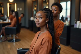 Jeune femme noire en salon moderne lors d'un braiding afro