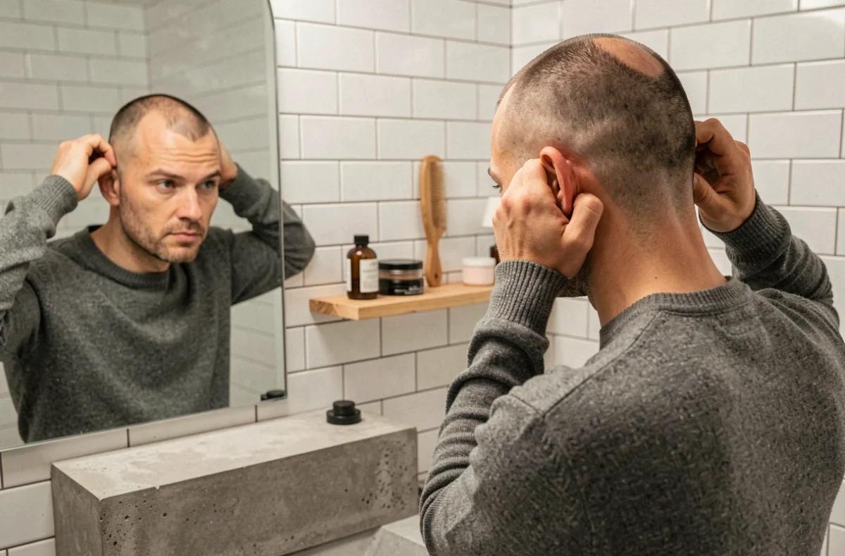 Homme aux cheveux fins et clairsemés coiffés en buzz cut dégradé devant un miroir de salle de bain minimaliste