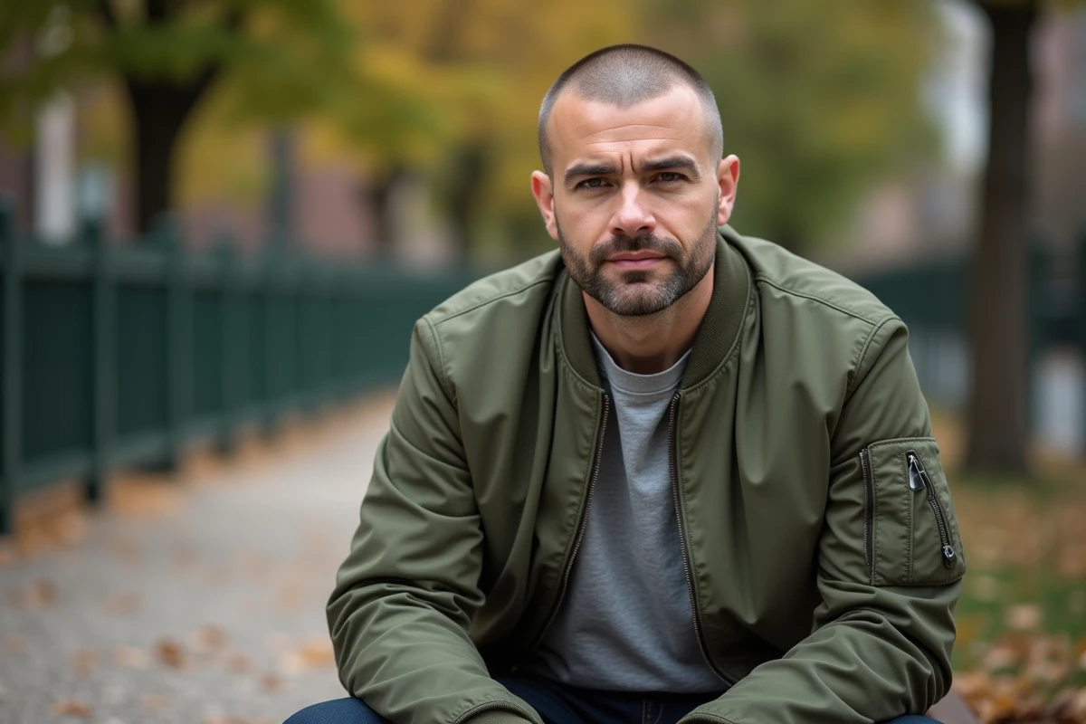 Homme avec buzz cut et golfes dégarnis assis dans un parc urbain portant un bomber jacket olive