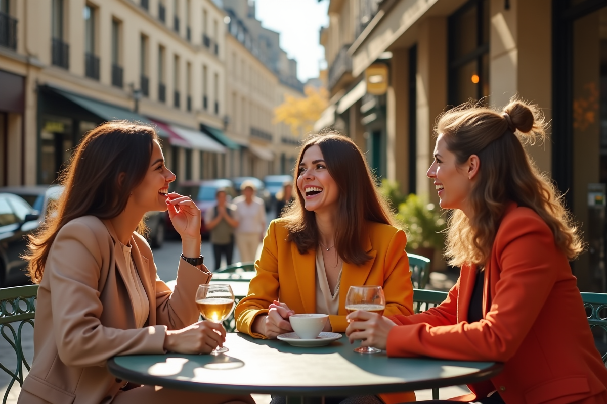 Groupe de femmes au café terrasse à Bordeaux en conversation animée