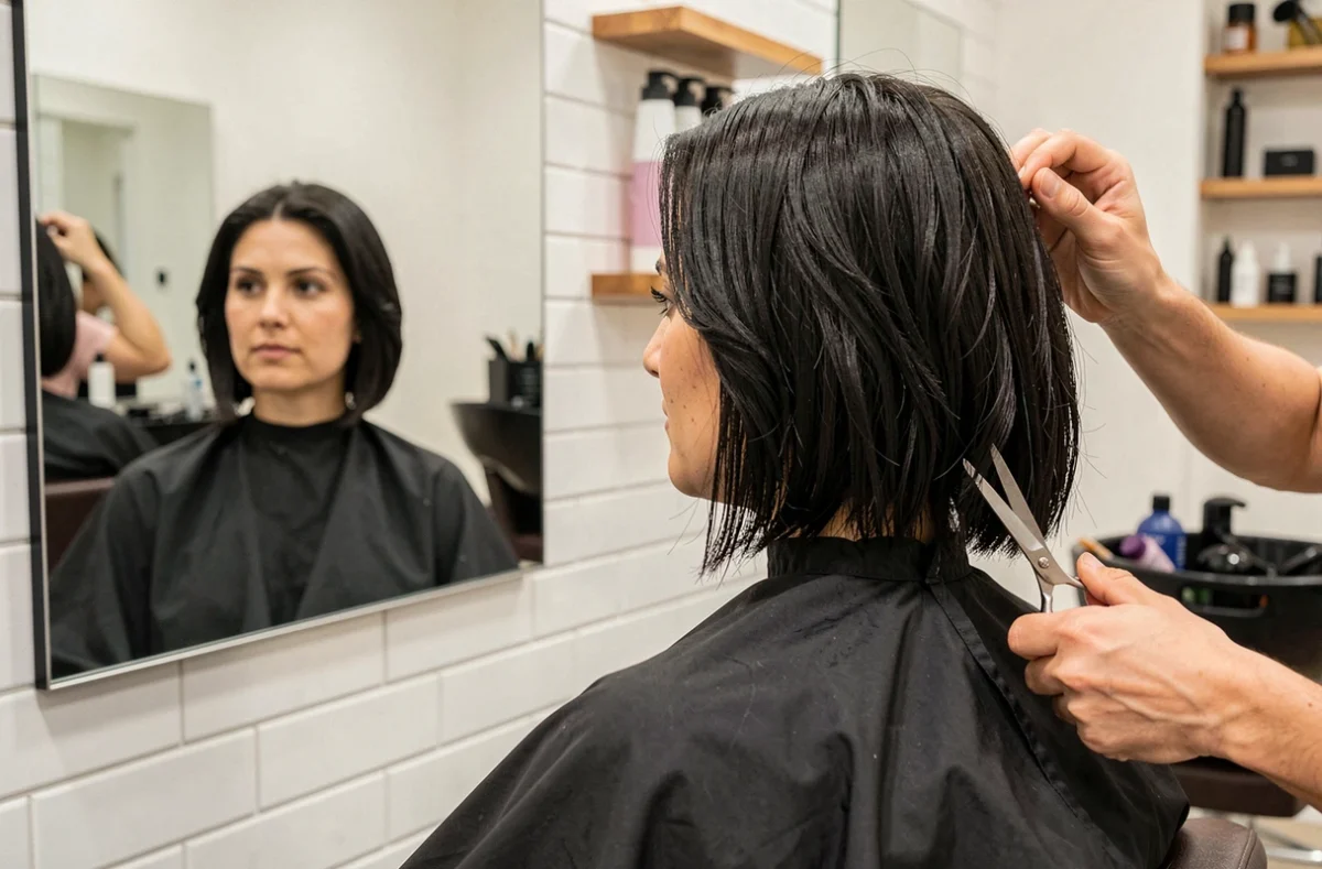 Femme aux cheveux épais en carré boule court chez le coiffeur, vue de dos avec reflet dans le miroir