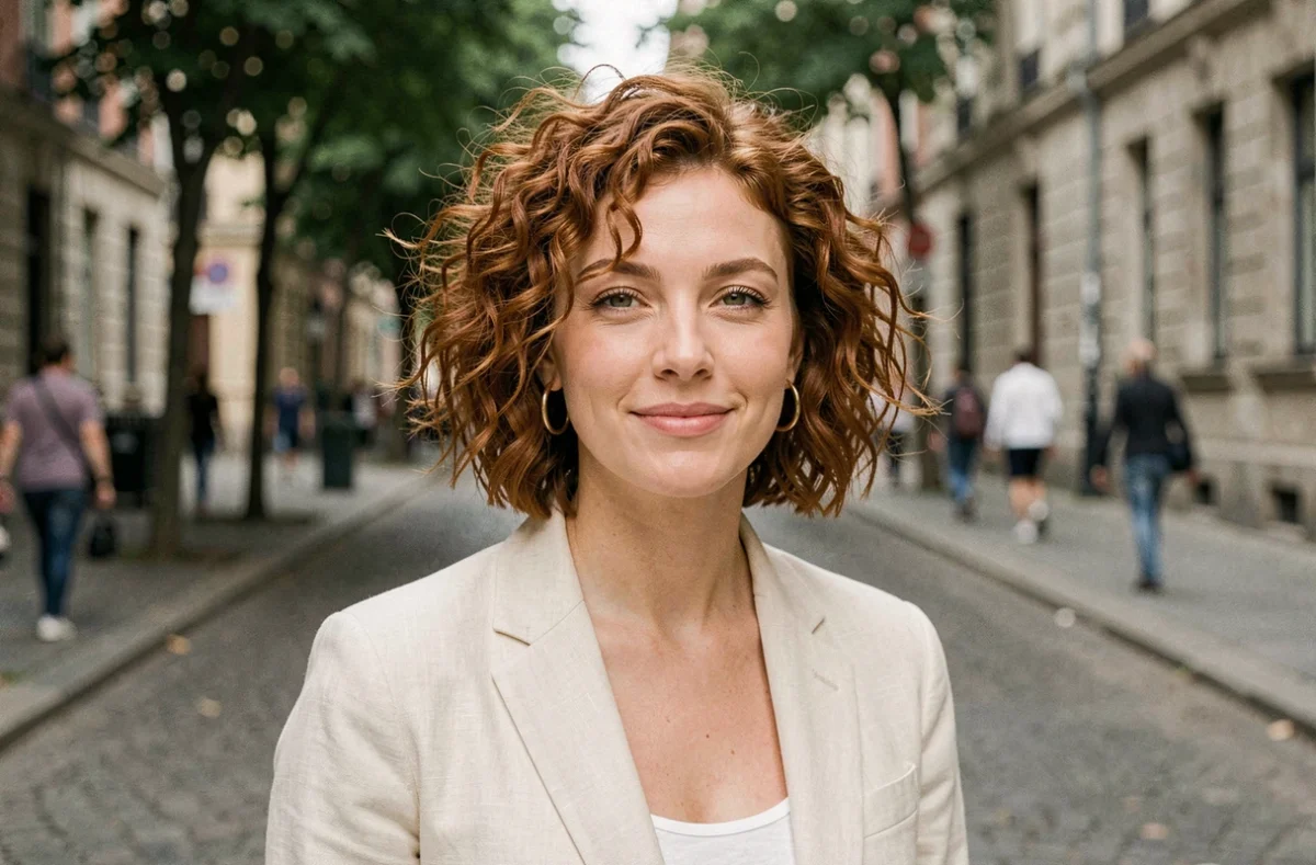 Femme aux cheveux épais et bouclés coiffée d'un carré court effilé sur rue pavée, illustrant une coupe adaptée aux cheveux indisciplinés