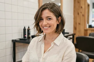 Femme aux cheveux fins et visage rond avec un carré plongeant court destructuré dans un salon de coiffure moderne