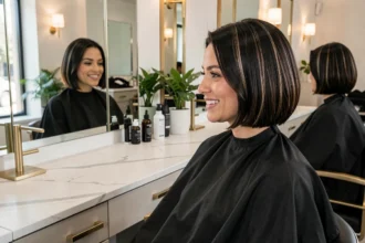 Femme satisfaite après une coupe de cheveux moderne dans un salon de coiffure contemporain