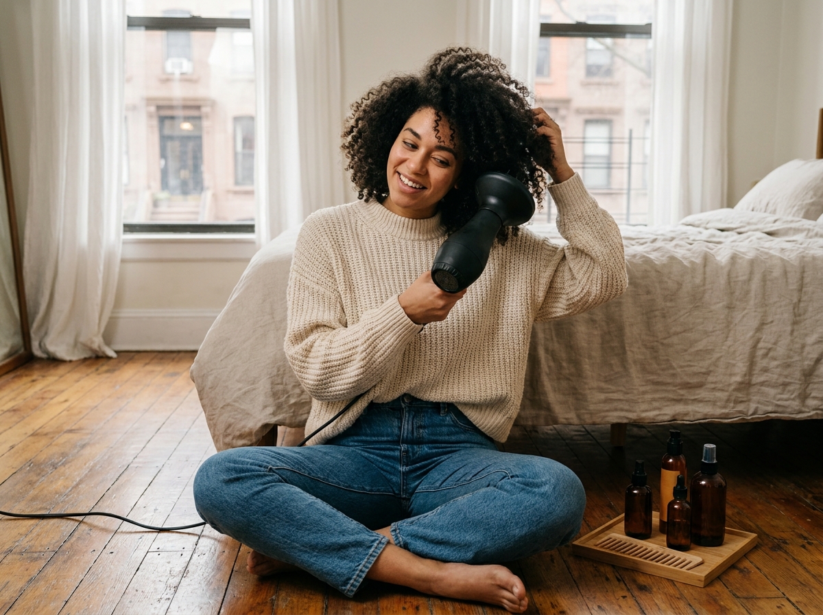 Jeune femme aux cheveux bouclés utilisant un diffuseur pour définir ses boucles dans sa chambre, tutoriel coiffure naturelle