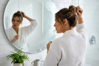 Femme en robe de chambre blanche réalisant un chignon rapide devant un miroir de salle de bain, astuces coiffure faciles