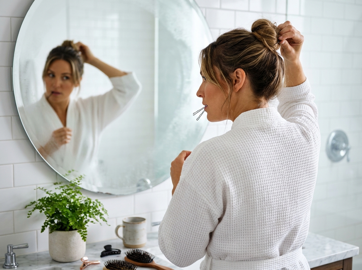 Femme en robe de chambre blanche réalisant un chignon rapide devant un miroir de salle de bain, astuces coiffure faciles