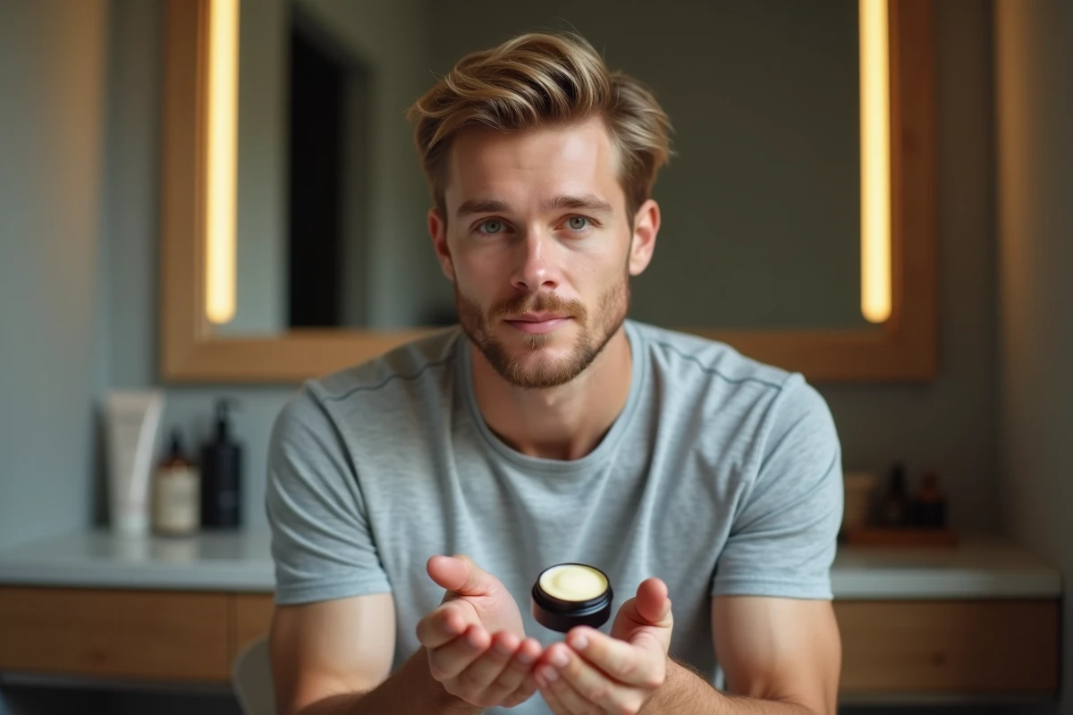 Homme appliquant une cire mate sur cheveux secs devant un miroir en bois