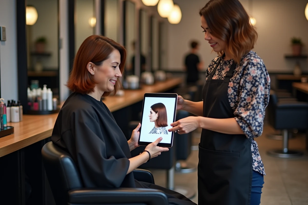 Cliente et coiffeuse consultant un simulateur de coiffure numérique sur tablette dans un salon de coiffure professionnel