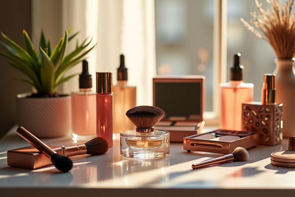 Table de maquillage élégante avec produits haut de gamme