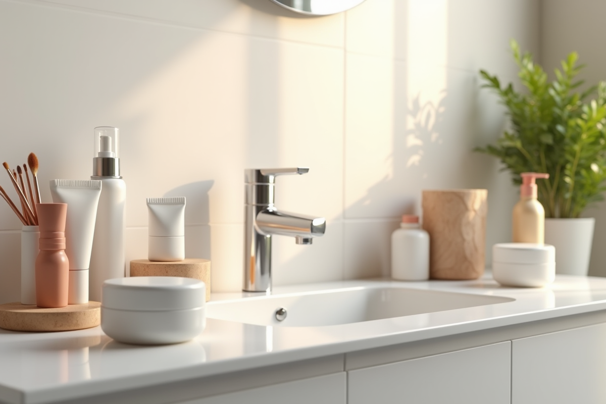 Plan d'ensemble d'un comptoir de salle de bain avec produits cosmétiques