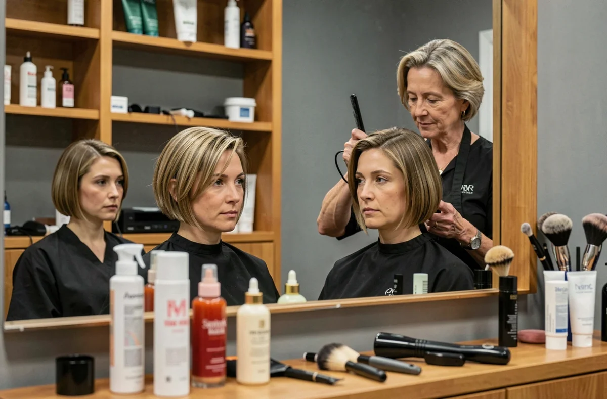 Coiffeuse professionnelle finalisant un carré plongeant court destructuré sur une cliente aux cheveux fins et au visage rond