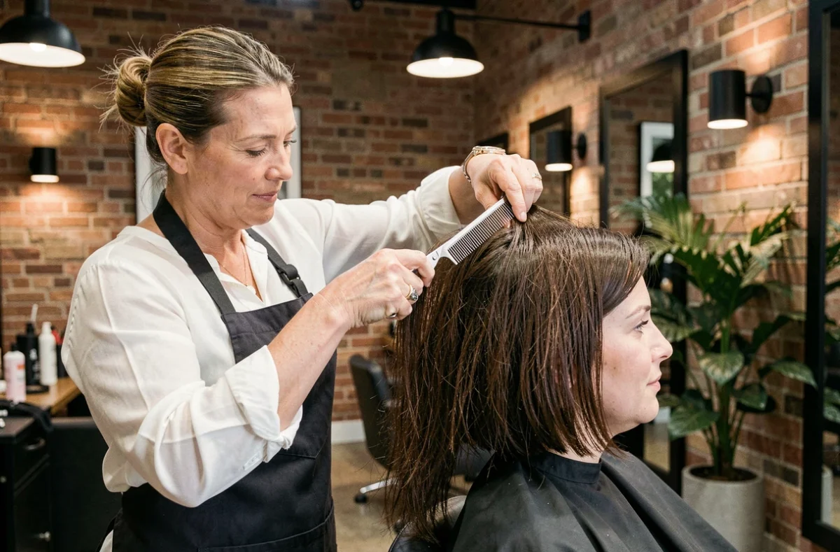 Coiffeuse professionnelle corrigeant un carré boule sur cheveux épais en salon avec ciseaux et peigne